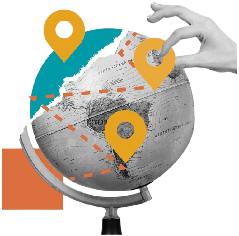 A grayscale globe with orange location pins and dotted paths. A hand is placing one pin on the globe, highlighting the concept of choosing or marking locations around the world.