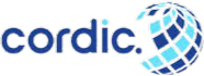 The image shows the word cordic in lowercase blue letters, followed by a stylized globe made of blue and light blue square and rectangular segments.