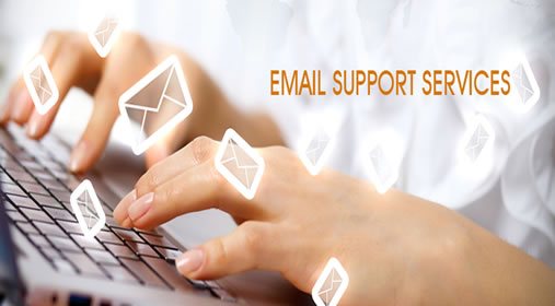 Hands typing on a laptop keyboard with floating email icons and the text EMAIL SUPPORT SERVICES displayed on the right side of the image.